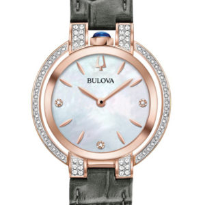 BULOVA WOMEN'S RUBAIYAT 73 DIAMONDS GRAY LEATHER STRAP 98R268