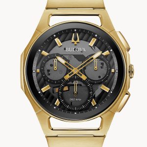 MEN’S BULOVA CURV CHRONOGRAPH BLACK/GOLD DIAL WATCH 97A144