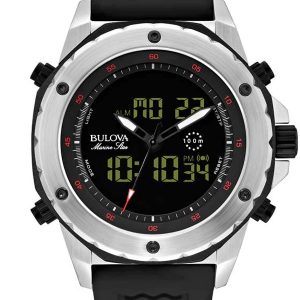 MEN’S BULOVA MARINE STAR BLACK LEATHER BAND WATCH 98C119