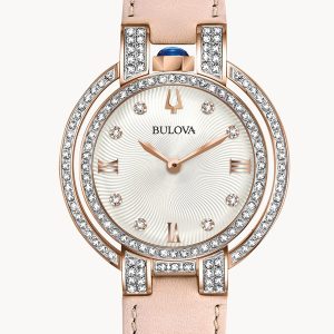 BULOVA WOMEN’S RUBAIYAT DIAMOND SILVER-TONE DIAL W/LEATHER STRAP WATCH 98R252