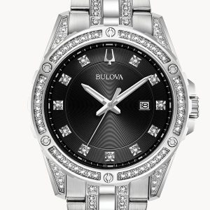 BULOVA CRYSTAL BLACK DIAL STAINLESS STEEL BRACELET BOX SET 96K105