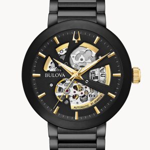 BULOVA MODERN FUTURO BLACK GOLD ACCENT STAINLESS STEEL WATCH 98A203