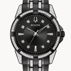BULOVA CRYSTAL BLACK DIAL STAINLESS STEEL BRACELET BOX SET 98K109