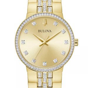 BULOVA CRYSTAL GOLD-TONE STAINLESS STEEL BRACELET W/ CROSS PENDANT BOX SET 98K113