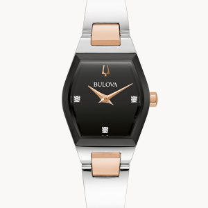 BULOVA GEMINI MODERN BLACK DIAL STAINLESS STEEL BANGLE WOMEN’S WATCH 98P216