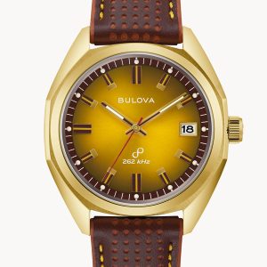 BULOVA JET STAR GOLD-TONE DIAL LEATHER STRAP WATCH 97B214