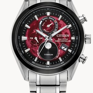 CITIZEN TSUKI-YOMI A-T ATOMIC TIMEKEEPING / SUPER TITANIUM RED DIAL WATCH BY1018-55X
