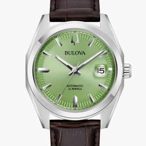 BULOVA SURVEYOR GREEN DIAL LEATHER STRAP MEN’S WATCH 96B427