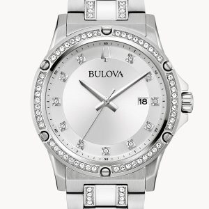 BULOVA CRYSTAL SILVER-TONE DIAL STAINLESS STEEL MEN’S AUTOMATIC BOX SET 96K114