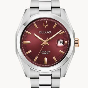 BULOVA SURVEYOR BURGUNDY DIAL STAINLESS STEEL BRACELET MEN’S WATCH 98B422
