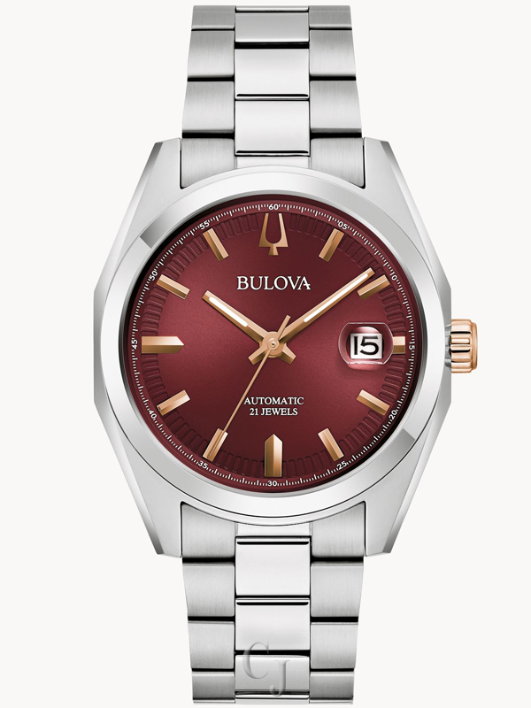 BULOVA SURVEYOR BURGUNDY DIAL STAINLESS STEEL BRACELET MEN’S WATCH 98B422