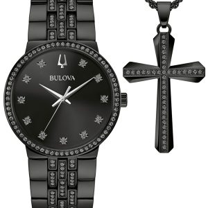 BULOVA CRYSTAL ACCENT BLACK DIAL MEN’S STAINLESS STEEL BRACELET WATCH/ NECKLACE SET 98K116