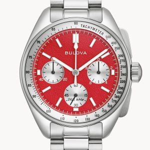 BULOVA LUNAR PILOT ARCHIVE SERIES RED DIAL STAINLESS STEEL MEN’S WATCH 96K115