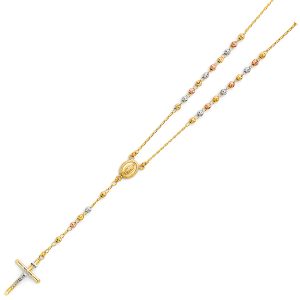 14k Gold Tri-Color 4mm Moon Ball Rosary Necklace - 26"