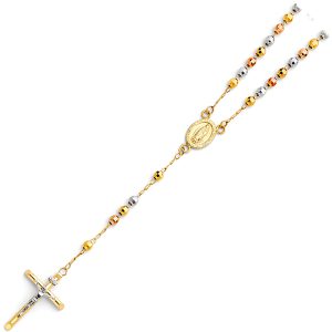 14k Gold Tri-Color 4mm Disco Ball Rosary Necklace - 20"