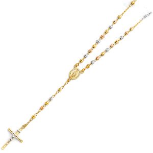 14k Gold Tri-Color 4mm Moon Ball Rosary Necklace - 20"