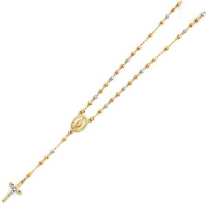 14k Gold Tri-Color 3mm Moon Ball Rosary Necklace - 18"