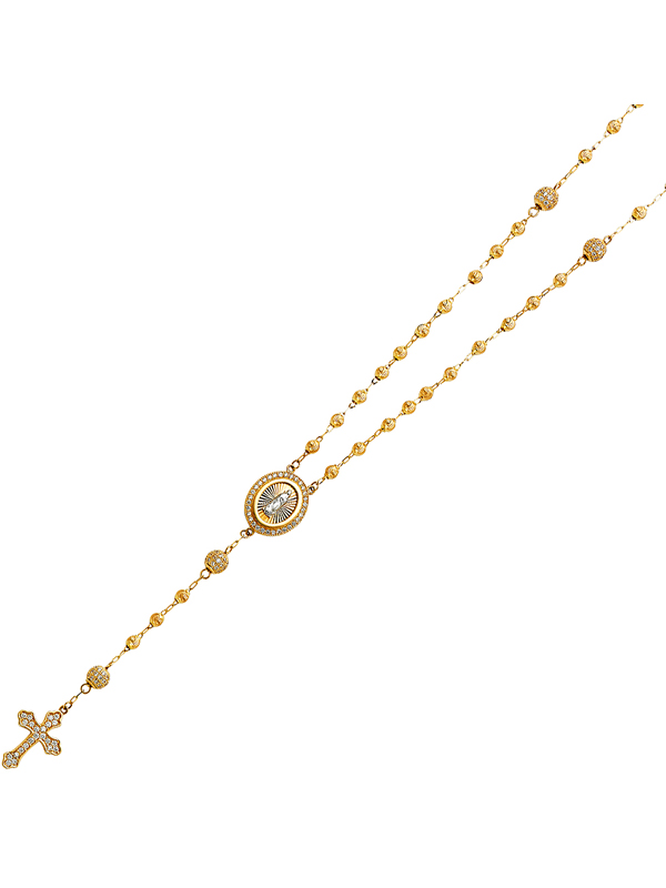 14K Yellow Gold CZ 3mm Moon Cut Ball Rosary Necklace