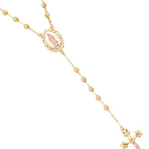 14k Gold Tri-Color 3mm Moon Cut Ball CZ Rosary Necklace