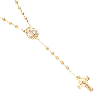 14k Gold Tri-Color 3mm Moon Cut Ball CZ Rosary Necklace