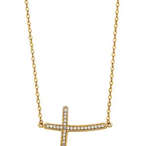 14k Yellow Gold CZ Side Way Cross Necklace