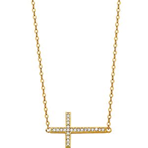 14k Yellow Gold CZ Side Way Cross Necklace