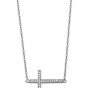 14k White Gold CZ Side Way Cross Necklace