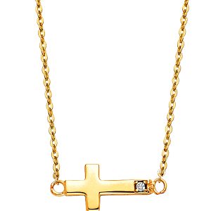 14k Yellow Gold CZ Side Way Cross Necklace