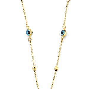 14k Yellow Gold Sky Blue Color Evil Eye Necklace