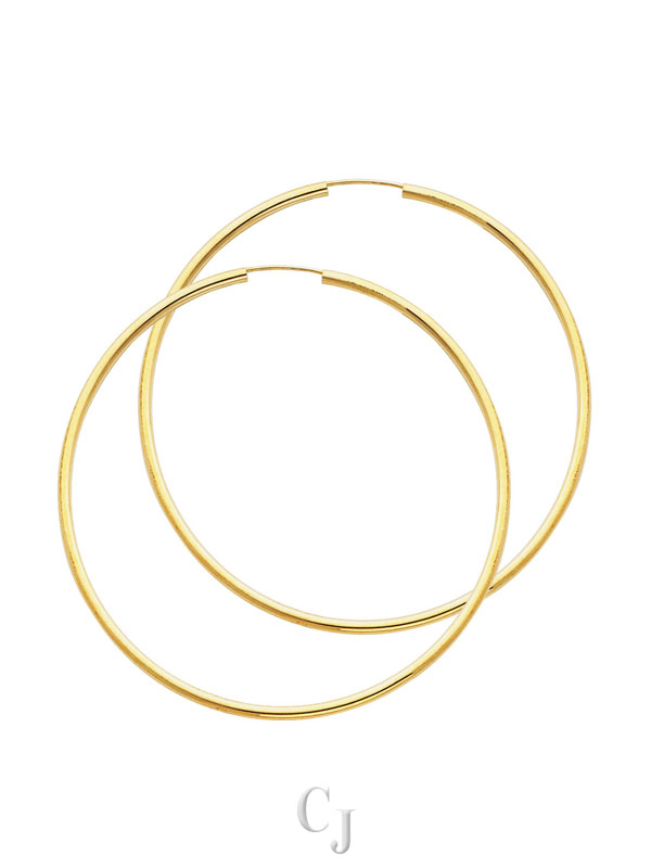 14KY 2mm Round Tube Polished Endless Hoop Earrings (55mm)