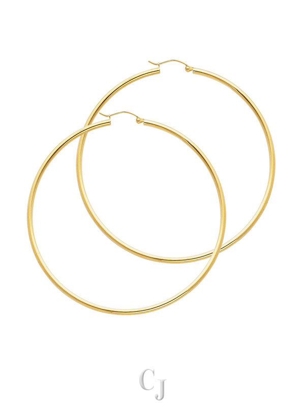 14KY 2mm Round Tube Polished Hoop Earrings (55mm)