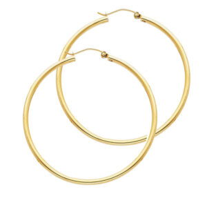14KY 2mm Round Tube Polished Hoop Earrings (35mm)