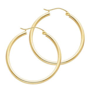 14KY 2mm Round Tube Polished Hoop Earrings (30mm)