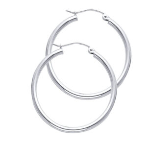 14KW 2mm Round Tube Polished Hoop Earrings (30mm)