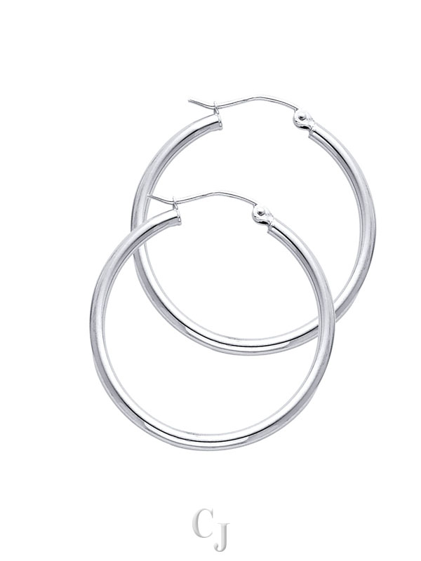 14KW 2mm Round Tube Polished Hoop Earrings (30mm)