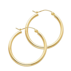 14KY 2mm Round Tube Polished Hoop Earrings (25mm)