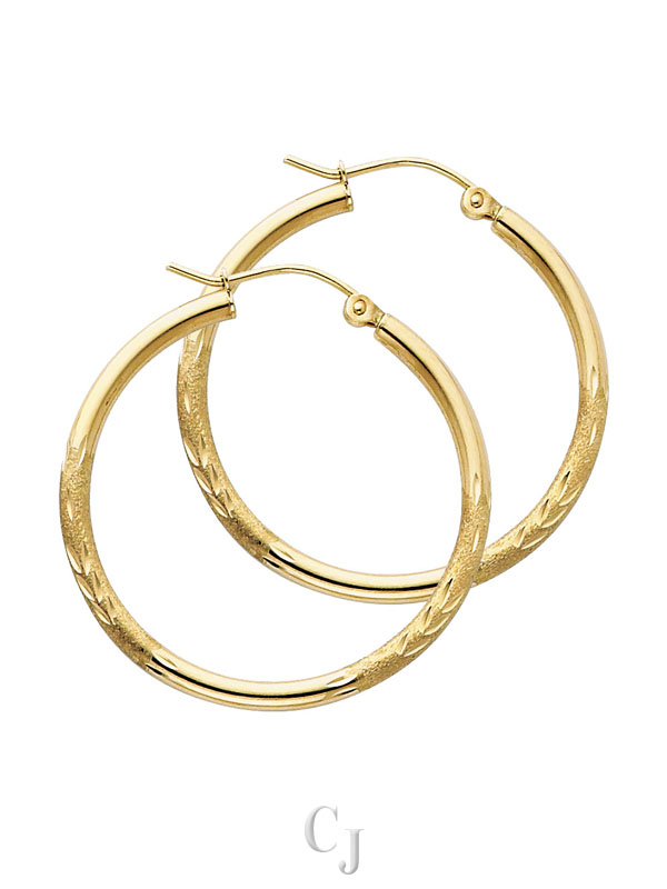 14KY 2mm Budded DC Round Tube Hoop Earrings (30mm)