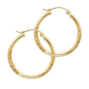 14KY 2mm Budded DC Round Tube Hoop Earrings (25mm)