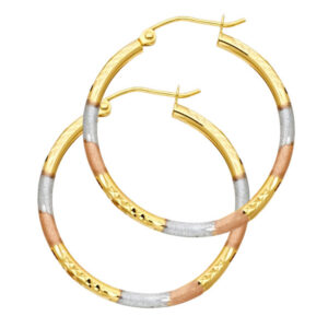 14K 3C 2mm Round Tube DC Round Hoop Earrings (25mm)
