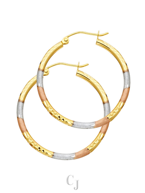 14K 3C 2mm Round Tube DC Round Hoop Earrings (25mm)