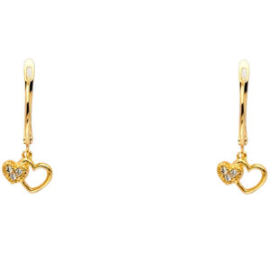 14KY CZ 2 Hearts Hanging Earrings