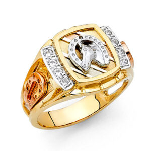14K 3C CZ Lucky Horse Shoe Men's Ring