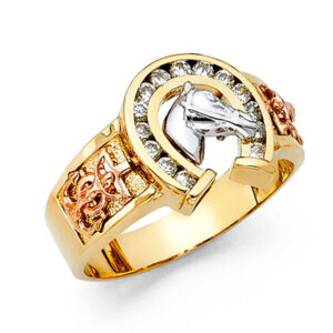 14K 3C CZ Lucky Horse Shoe Men's Ring