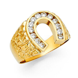 14KY CZ Lucky Horse Shoe Men's Ring