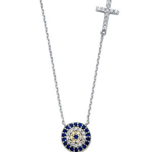 14KW CZ Evil Eye & Cross Necklace