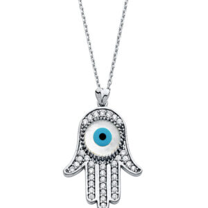 14KW CZ Evil Eye Hamsa Necklace