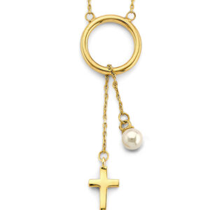 14KY Circle Necklace with Hanging Cross & Pearl