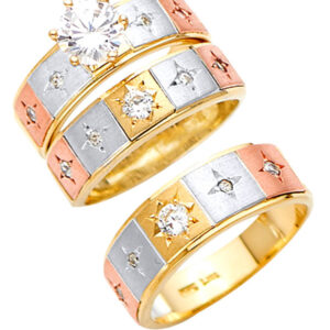 14K 3C CZ Engagement Ring/Trio Set