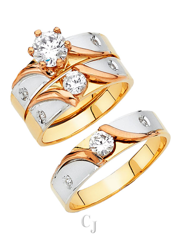 14K 3C CZ Engagement Ring/Trio Set