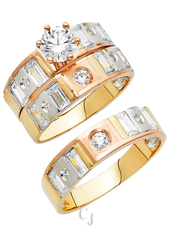 14K 3C CZ Engagement Ring/Trio Set